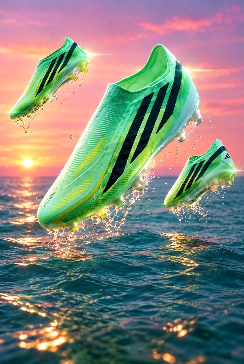 Black football boot with Volt details above a wet pitch